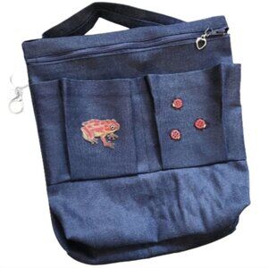 Denim Walkerbag, velcro close, non slip grip, frog & ladybug. Accessible fashion